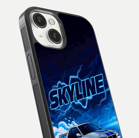 Neon Drift Beast Glass Case for iPhone 13 Mini close-up angled shot highlighting glowing streaks and vivid reflection