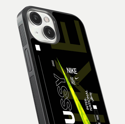 Neon Street Edition Glass Case for iPhone 13 Mini close-up angled shot showing urban neon lights and shine