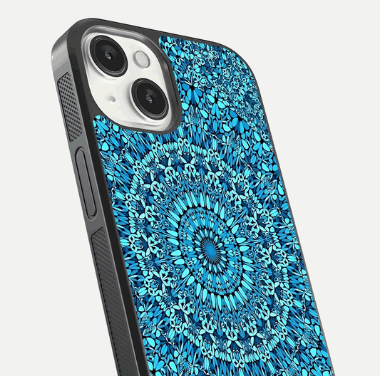 Ocean Bloom Mandala Glass Case for iPhone 13 Mini close-up angled shot highlighting detailed mandala and reflection