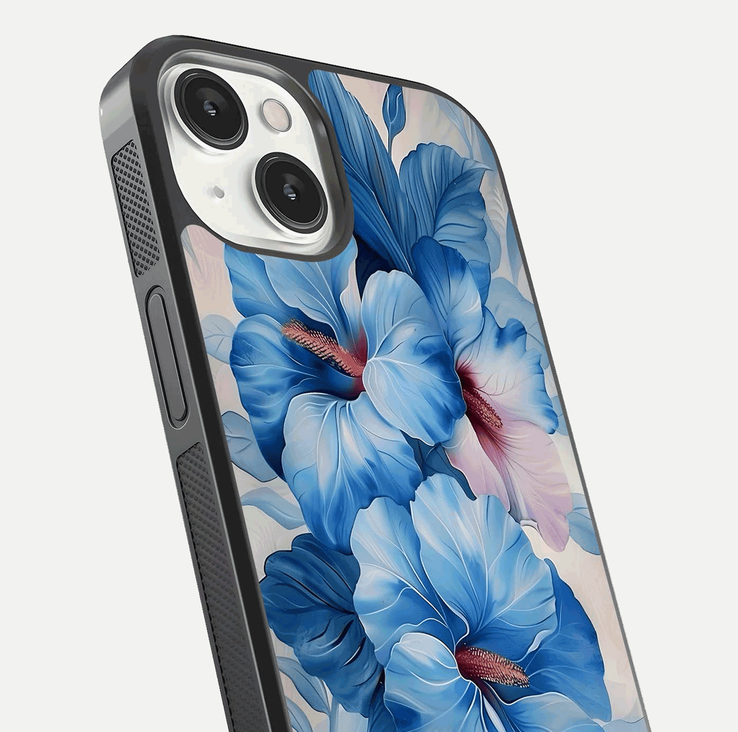 Ocean Hibiscus Grace Glass Case for iPhone 13 Mini close-up angled shot highlighting floral glow and HD shine