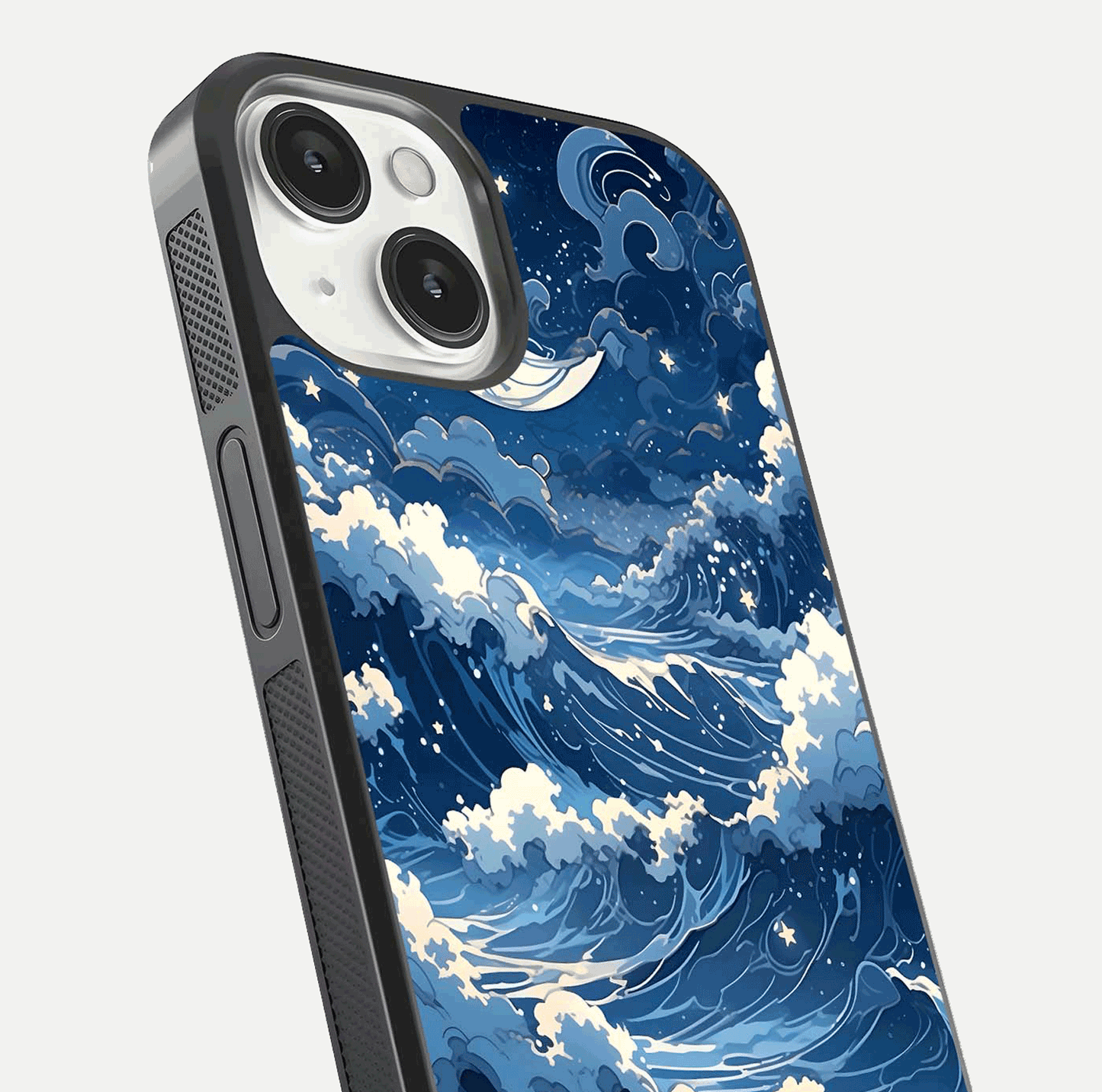 Ocean Moon Waves Glass Case for iPhone 13 Mini close-up angled shot showing HD reflection and calm tones