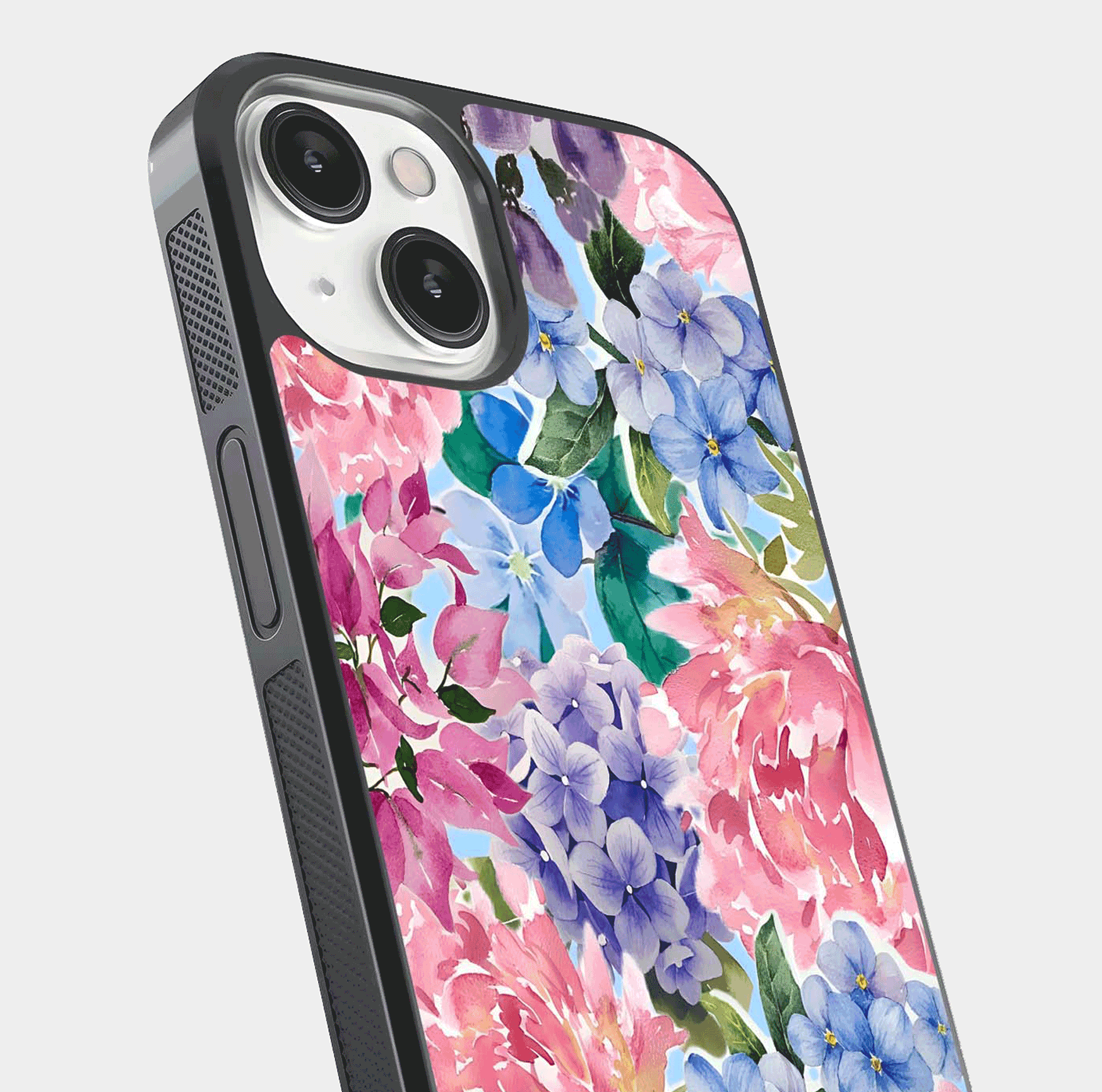 Pastel Floral Mix Glass Case for iPhone 13 Mini close-up angled shot highlighting flower detail and reflection
