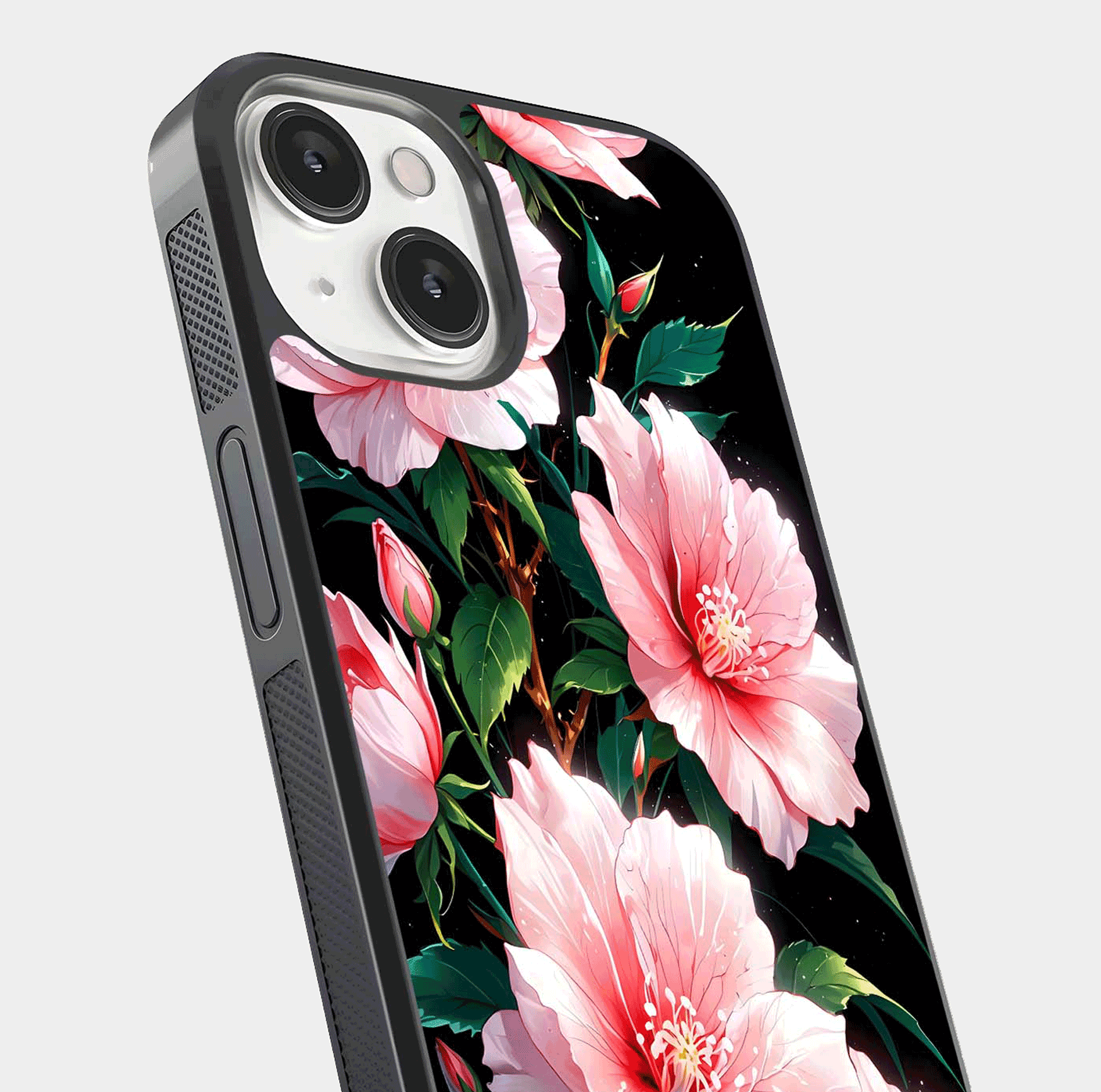 Peach Flower Glass Case for iPhone 13 Mini close-up angled shot highlighting floral petals and HD glass reflection