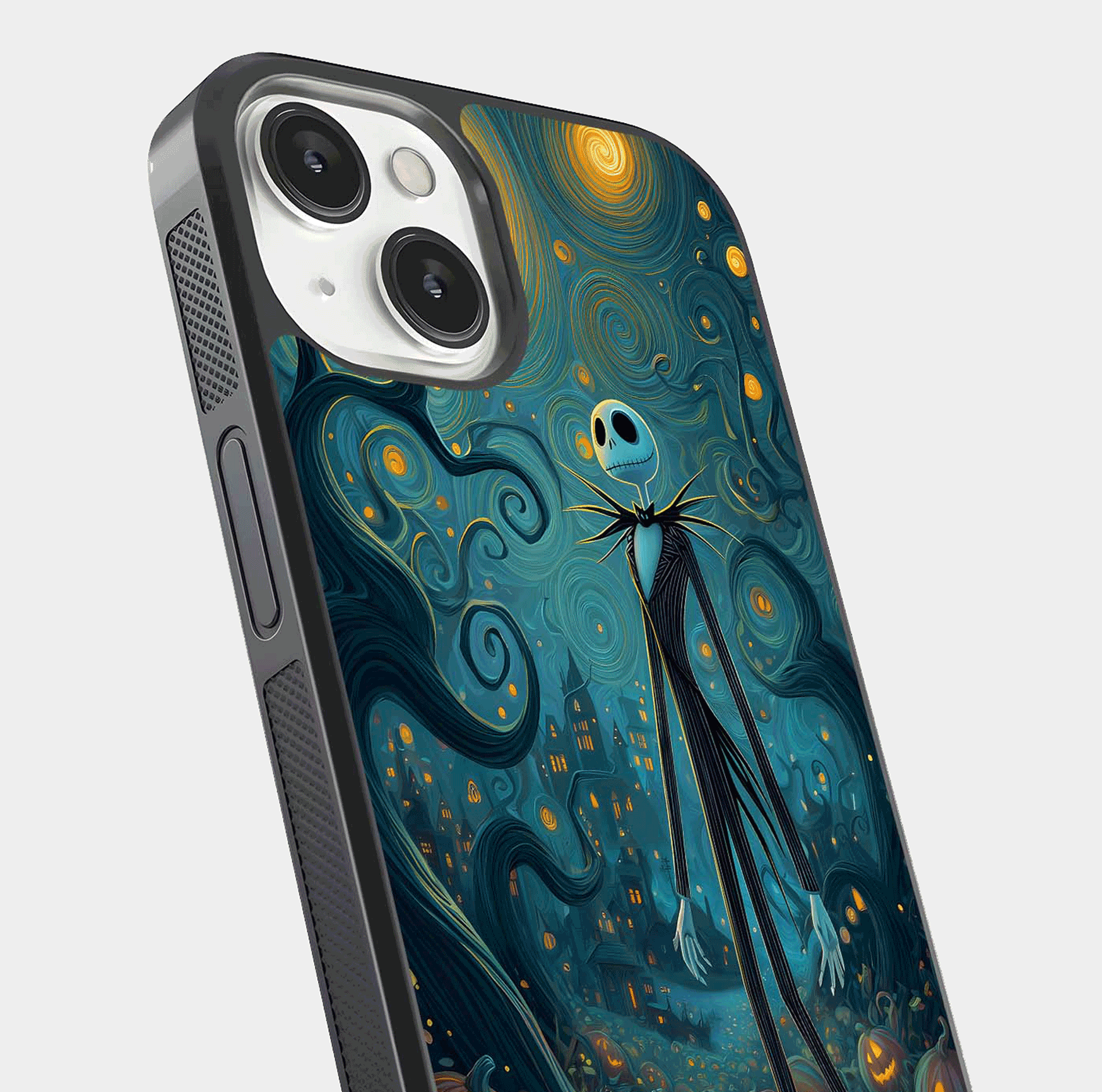 Pumpkin Moonlight Tale Glass Case for iPhone 13 Mini close-up angled shot highlighting reflection and vibrant glow