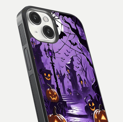 Pumpkin Patch Halloween Glass Case for iPhone 13 Mini close-up angled shot highlighting pumpkin texture and shine