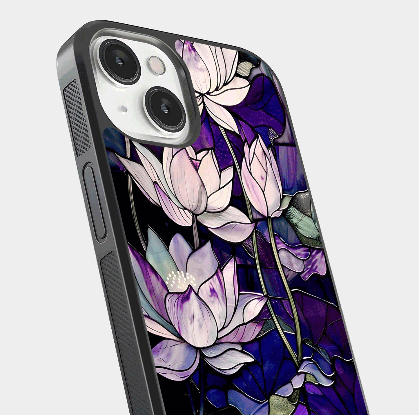 Purple Lotus Pattern Glass Case for iPhone 13 Mini close-up angled shot showing petal texture and HD reflection