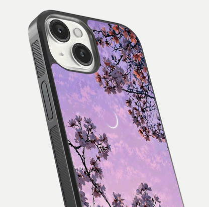 Purple Serenity Moon Glass Case for iPhone 13 Mini close-up angled shot showing reflection and gradient purple hues