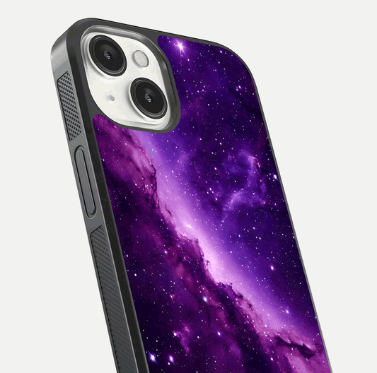 Purple Shade Sky Glass Case for iPhone 13 Mini close-up angled shot highlighting color gradient and reflection