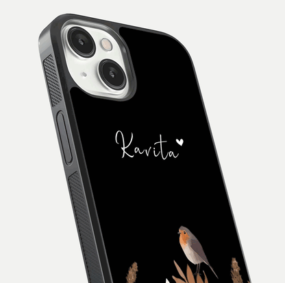 Quiet Garden Tune Custom Name Glass Case for iPhone 13 Mini close-up angled shot showing soft tones and gloss reflection