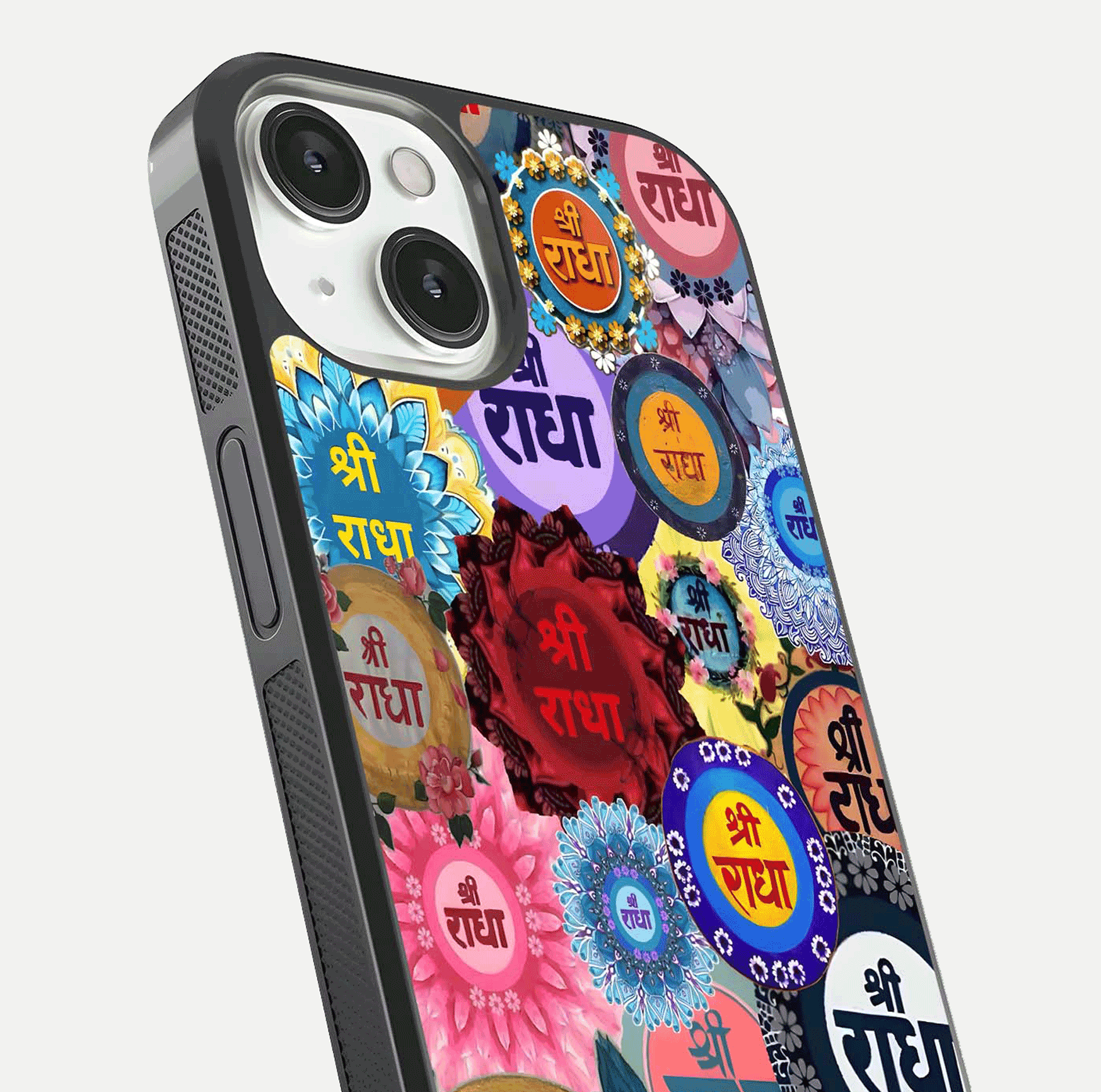 Radha Divine Bloom Glass Case for iPhone 13 Mini close-up angled shot highlighting divine detailing and shine