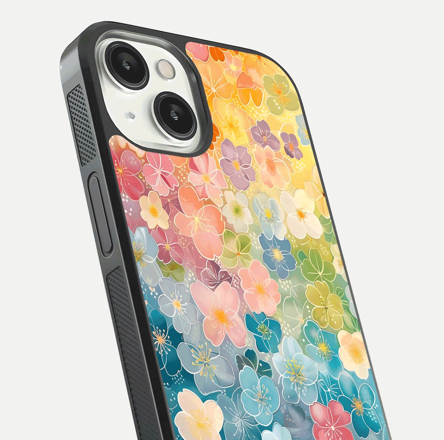 Rainbow Blossom Burst Glass Case for iPhone 13 Mini close-up angled shot showing petal colors and reflection