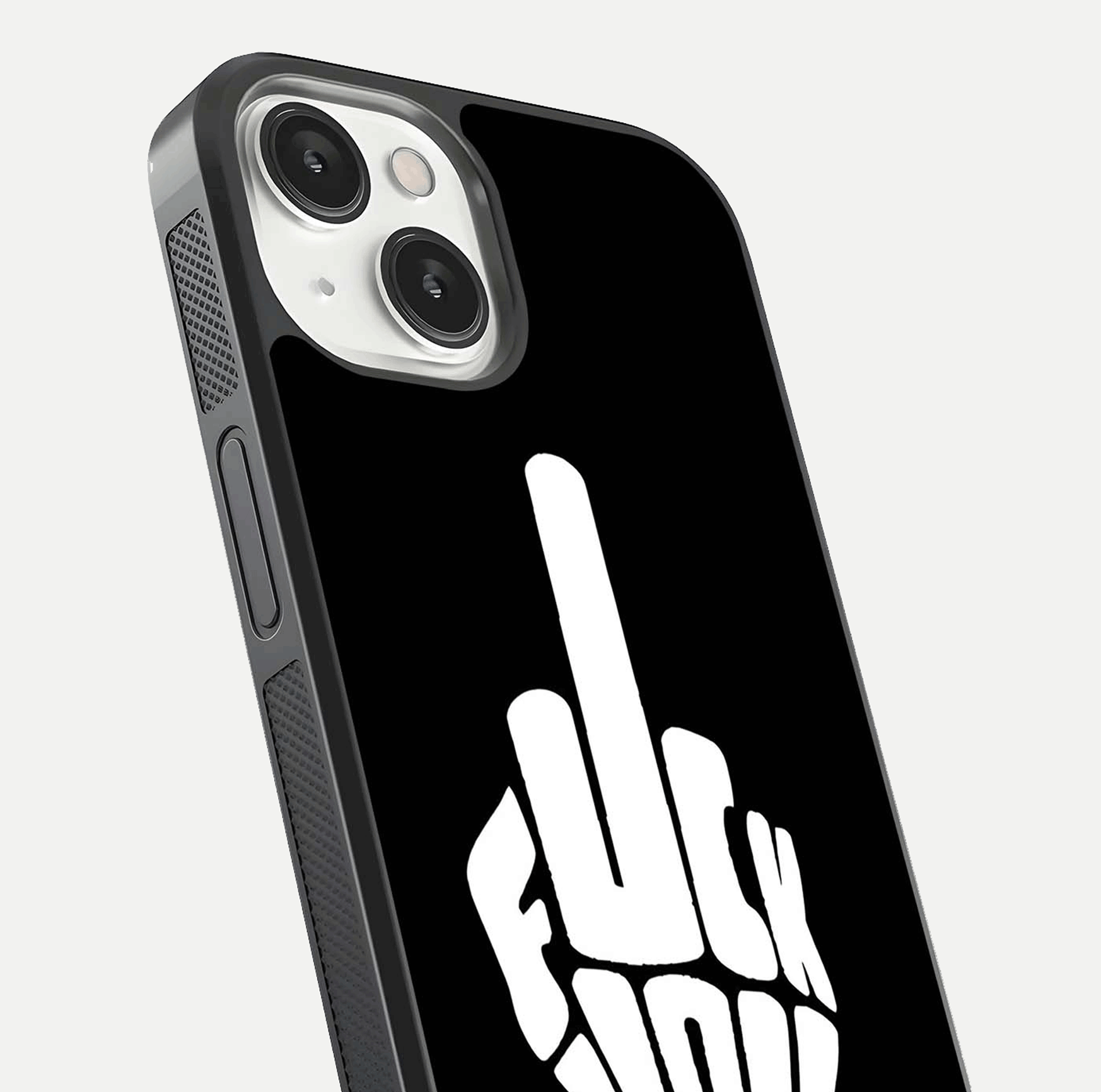 Rebel Mode On Glass Case for iPhone 13 Mini close-up angled shot highlighting reflective text and sharp design