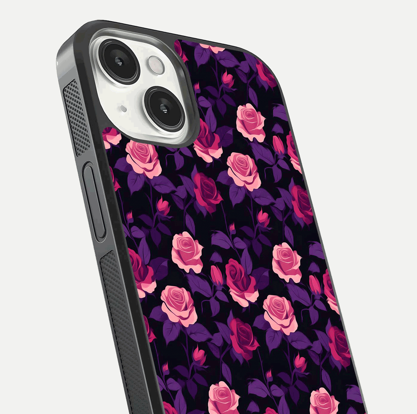 Rose Garden Twilight Glass Case for iPhone 13 Mini close-up angled shot highlighting rose contrast and reflection