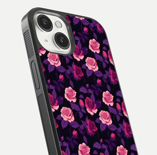 Rose Garden Twilight Glass Case for iPhone 13 Mini close-up angled shot highlighting rose contrast and reflection