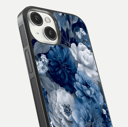 Royal Bloom Garden Glass Case for iPhone 13 Mini close-up angled shot highlighting royal bloom texture and reflection
