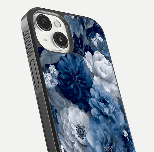 Royal Bloom Garden Glass Case for iPhone 13 Mini close-up angled shot highlighting royal bloom texture and reflection
