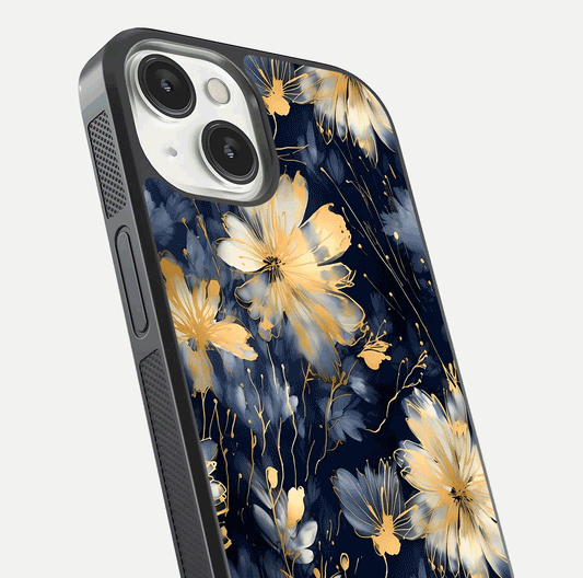 Royal Petal Dream Glass Case for iPhone 13 Mini close-up angled shot highlighting petal texture and reflection depth
