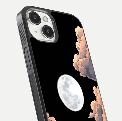 Shade Cloud Moon Glass Case for iPhone 13 Mini close-up angled shot highlighting moon reflection and depth