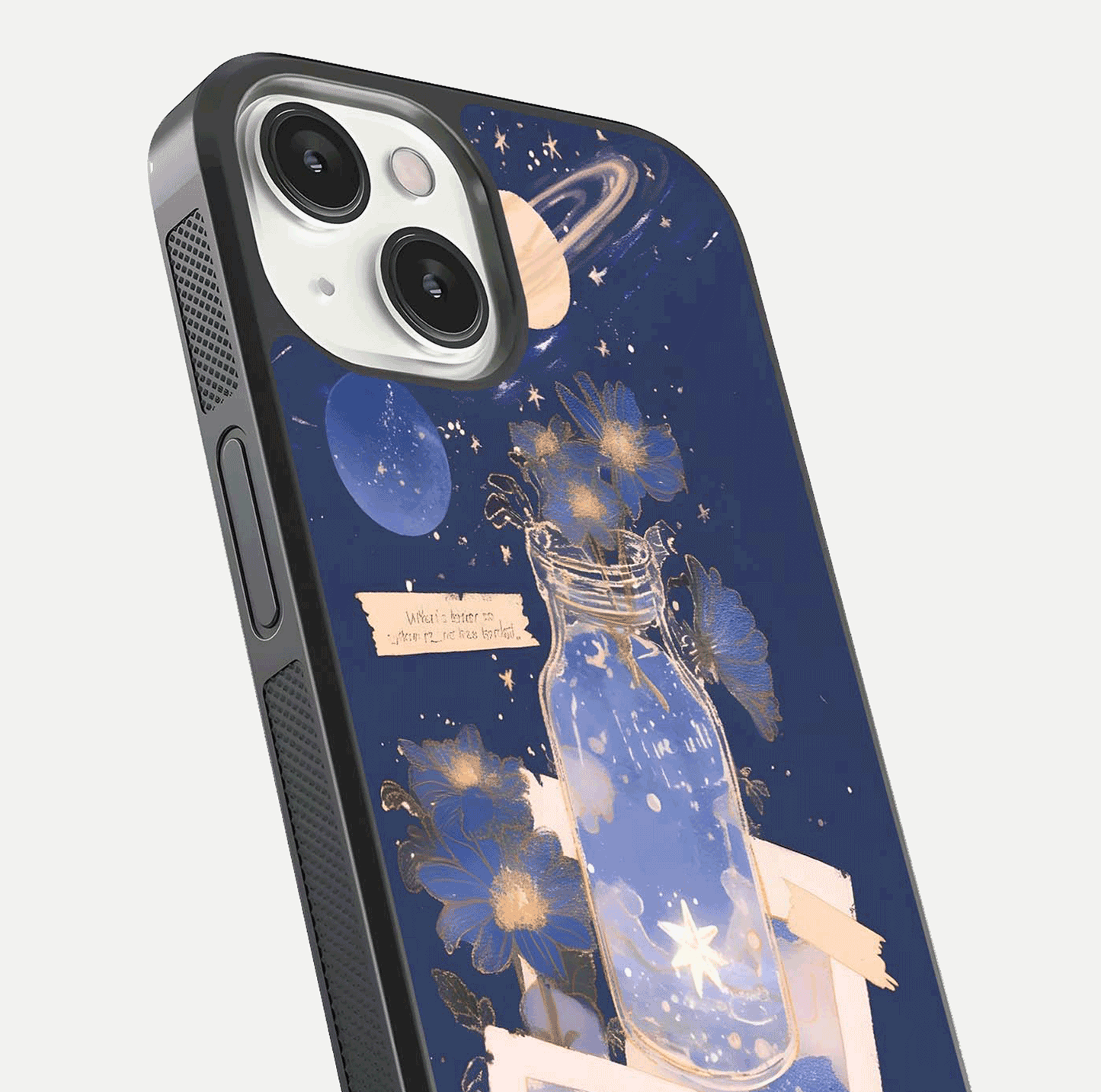Starlit Cosmic Jar Glass Case for iPhone 13 Mini close-up angled shot highlighting stars, reflections, and HD shine