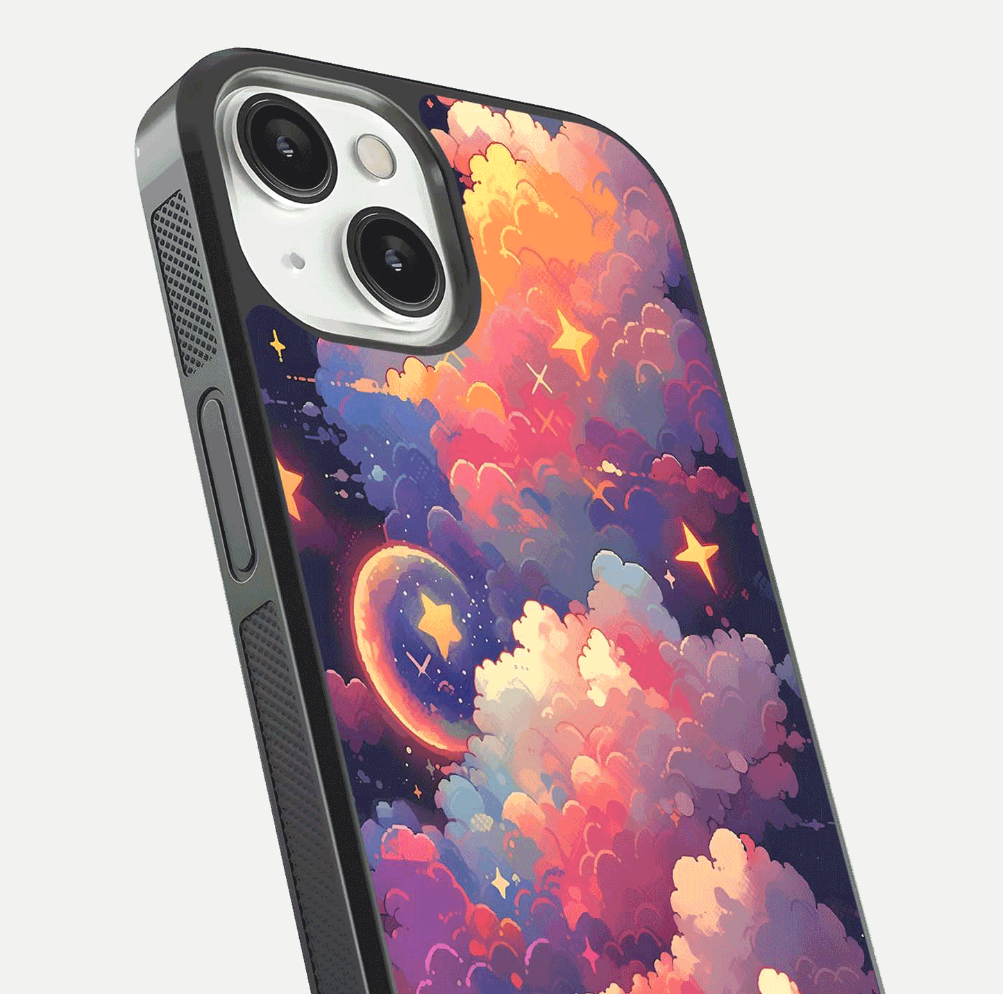 Starlit Dream Clouds Glass Case for iPhone 13 Mini close-up angled shot highlighting cloud texture and reflection