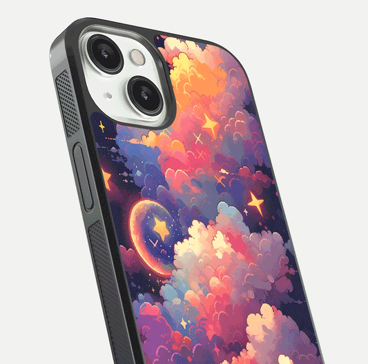 Starlit Dream Clouds Glass Case for iPhone 13 Mini close-up angled shot highlighting cloud texture and reflection