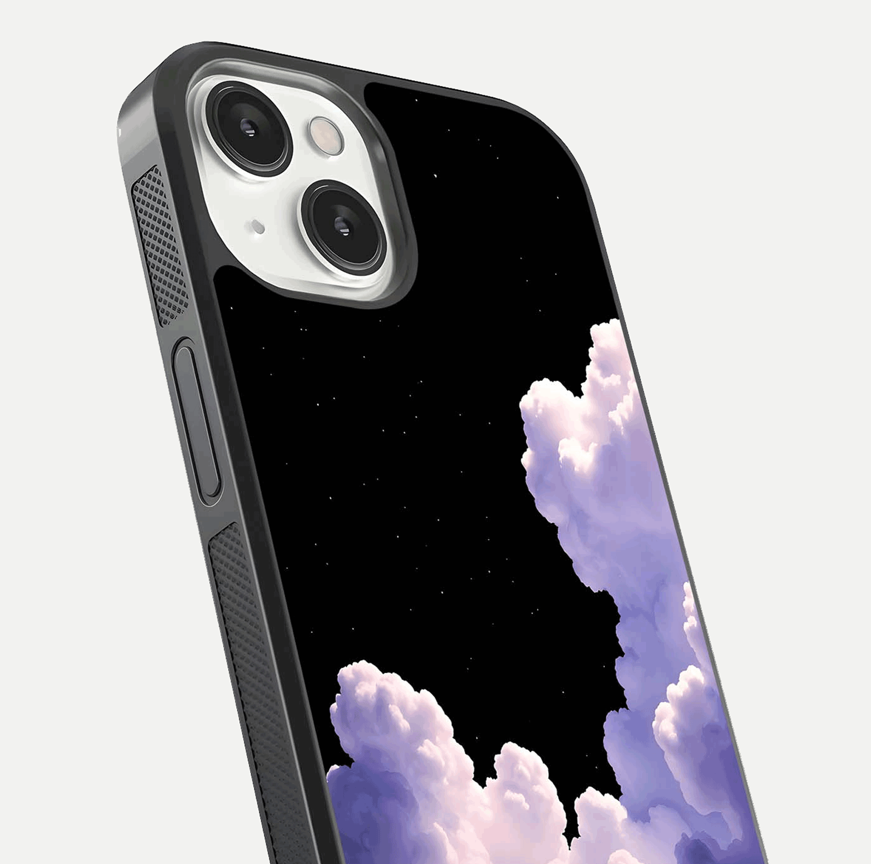 Starlit Night Whispers Glass Case for iPhone 13 Mini close-up angled shot highlighting stars and reflection