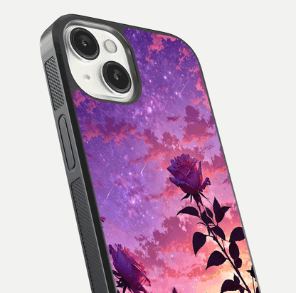 Starlit Rose Twilight Glass Case for iPhone 13 Mini close-up angled shot highlighting rose detail and reflection