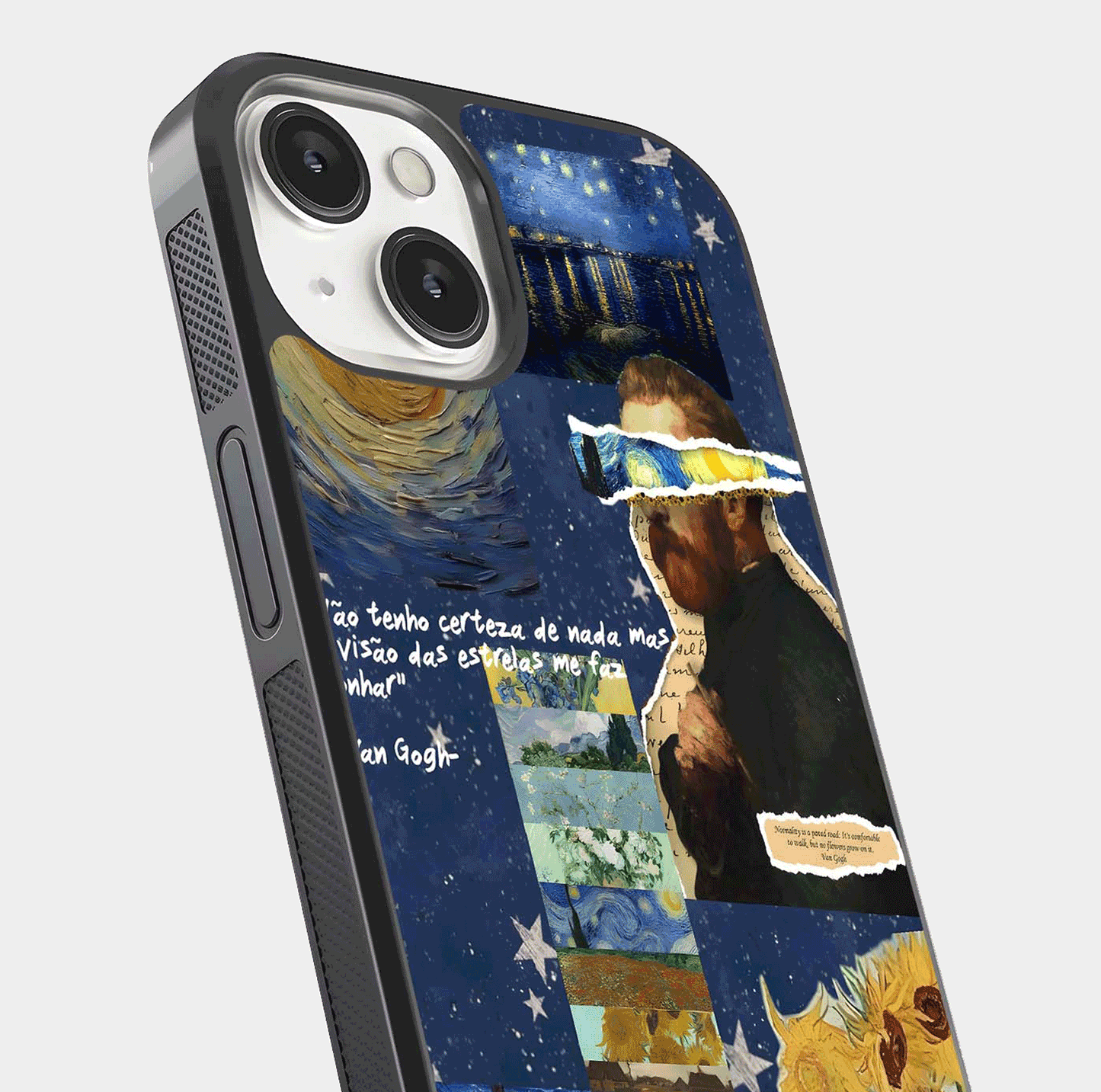 Starry Dream Vision Glass Case for iPhone 13 Mini close-up angled shot highlighting cosmic light and reflection