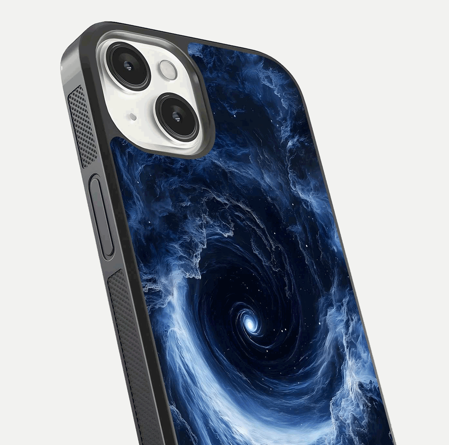 Stunning Galaxy Glass Case for iPhone 13 Mini close-up angled shot highlighting nebula tones and HD reflection