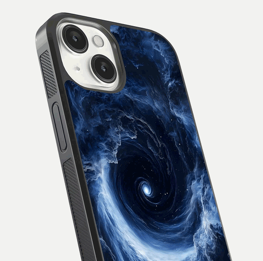 Stunning Galaxy Glass Case for iPhone 13 Mini close-up angled shot highlighting nebula tones and HD reflection