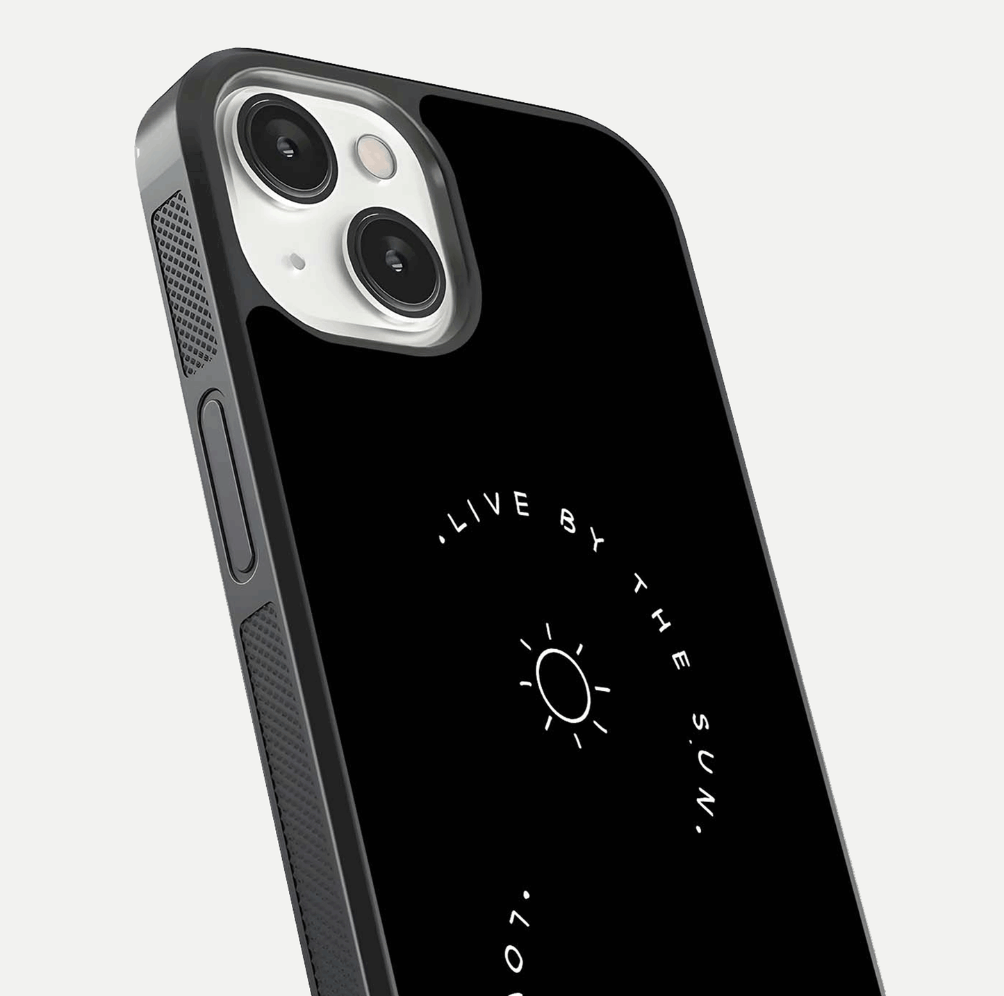 Sun Moon Balance Glass Case for iPhone 13 Mini close-up angled shot highlighting cosmic art and HD reflection