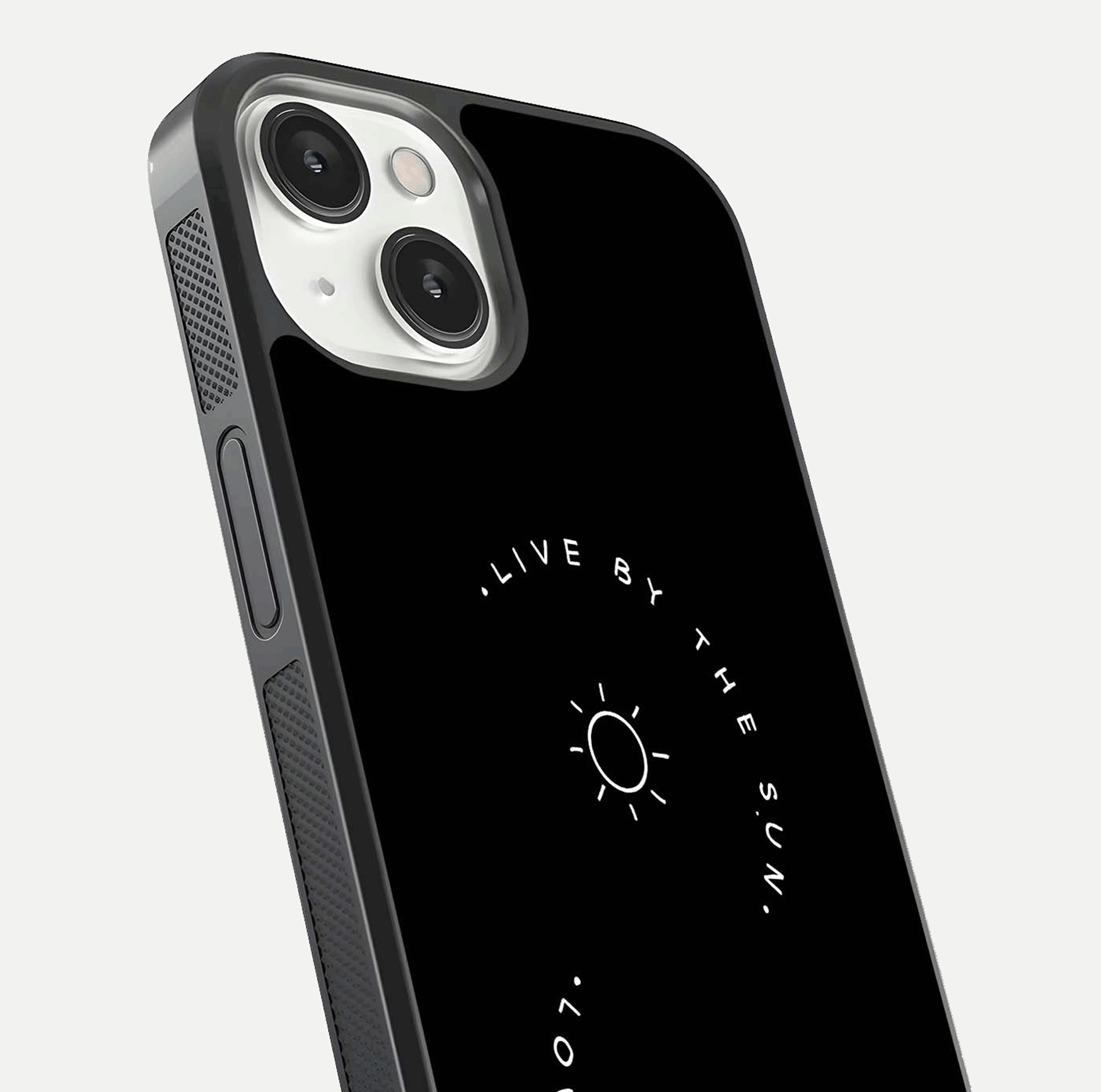 Sun Moon Balance Glass Case for iPhone 13 Mini close-up angled shot highlighting cosmic art and HD reflection