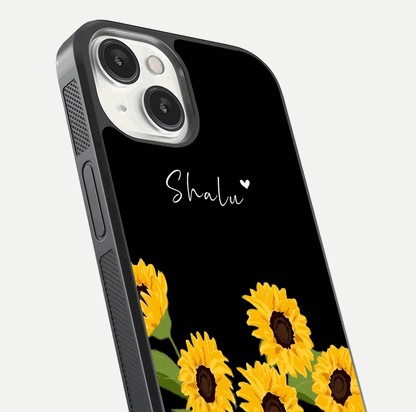 Sunflower Chic Mood Custom Name Glass Case for iPhone 13 Mini close-up angled shot showing HD sunflower pattern