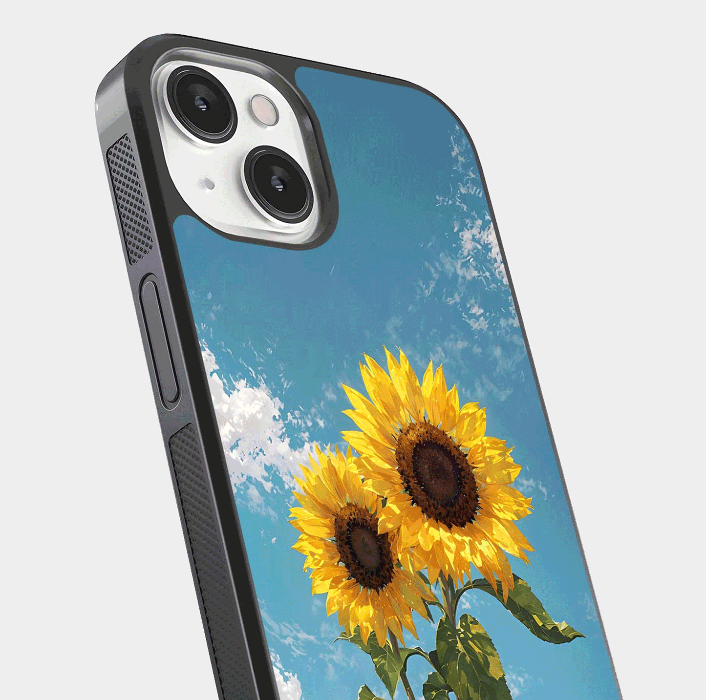 Sunflower Sky Bloom Glass Case for iPhone 13 Mini close-up angled shot highlighting petal details and reflection