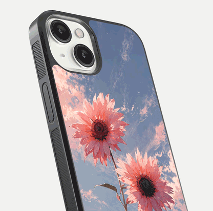 Sunlit Daisy Glow Glass Case for iPhone 13 Mini close-up angled shot highlighting petal texture and reflection