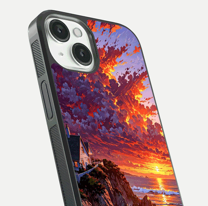 Sunset House by Sea Glass Case for iPhone 13 Mini close-up angled shot highlighting sunset tones and water glow