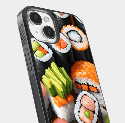 Sushi Food Pattern Glass Case for iPhone 13 Mini close-up angled shot highlighting colorful sushi prints and reflection