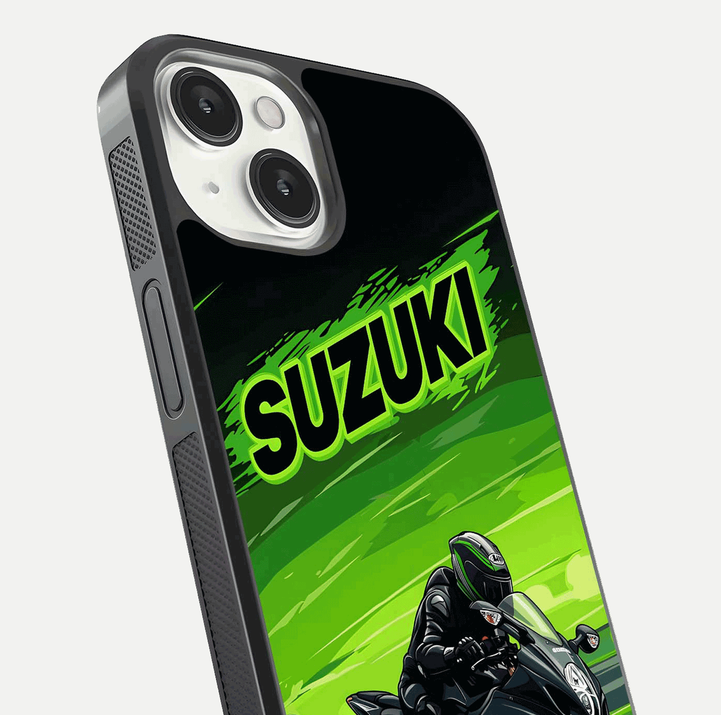 Suzuki Speed Beast Glass Case for iPhone 13 Mini close-up angled shot highlighting bold tones and reflection