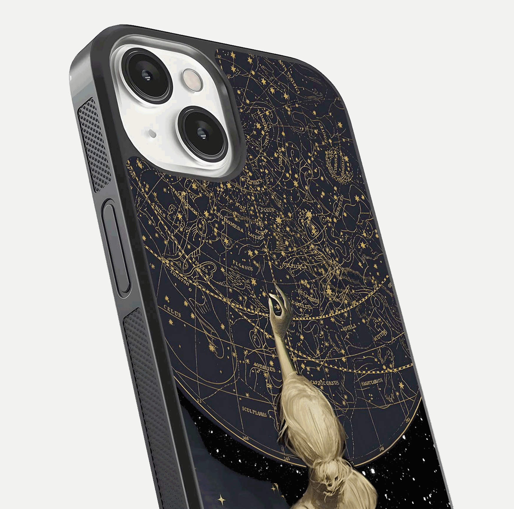 Taylor Swift Girl Glass Case for iPhone 13 Mini close-up angled shot highlighting texture and HD reflection