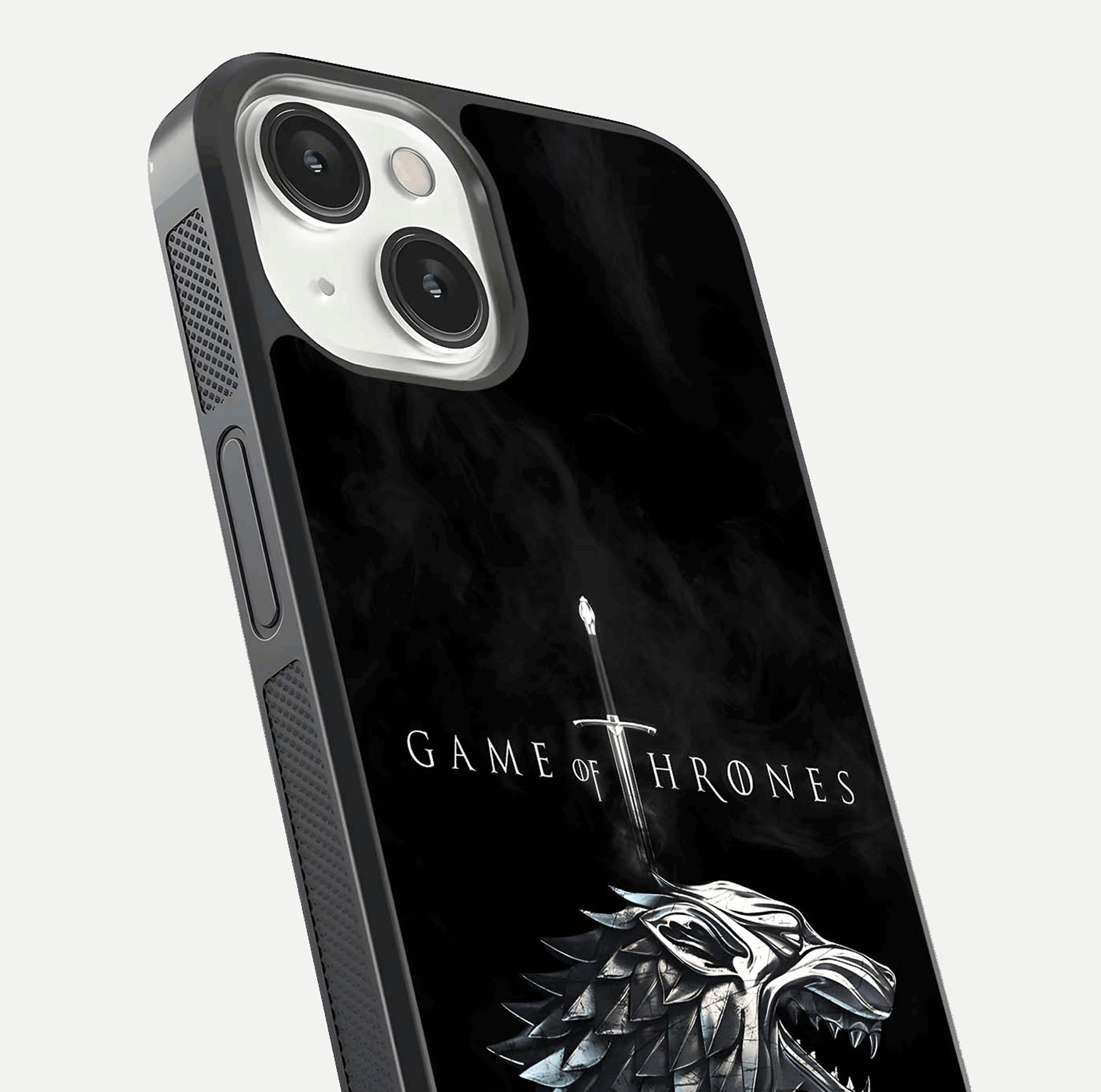 Throne Wolf Legacy Glass Case for iPhone 13 Mini close-up angled shot highlighting fur texture and reflection