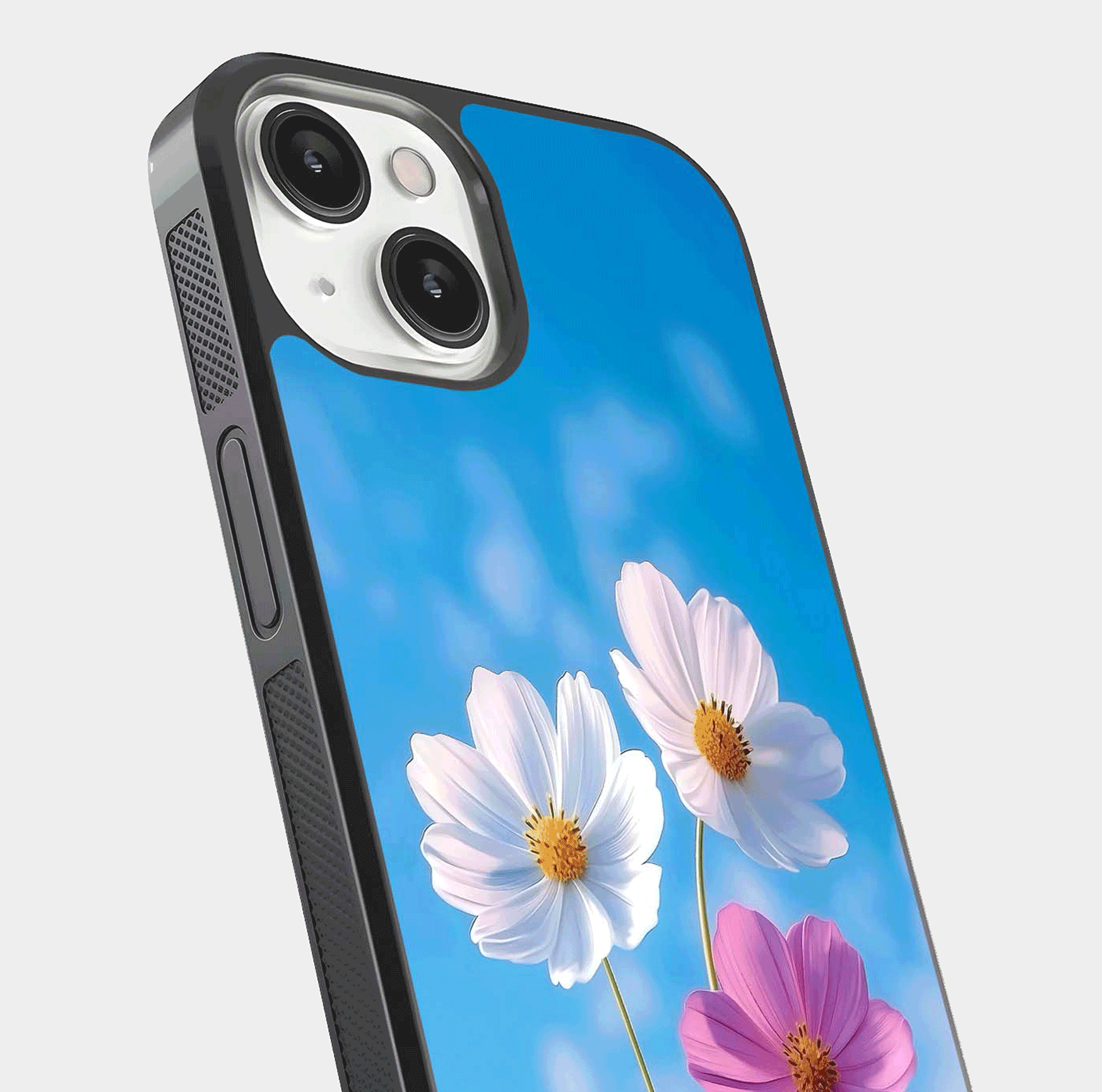 Triple Flowers With Sky Glass Case for iPhone 13 Mini close-up angled shot highlighting petal and reflection details