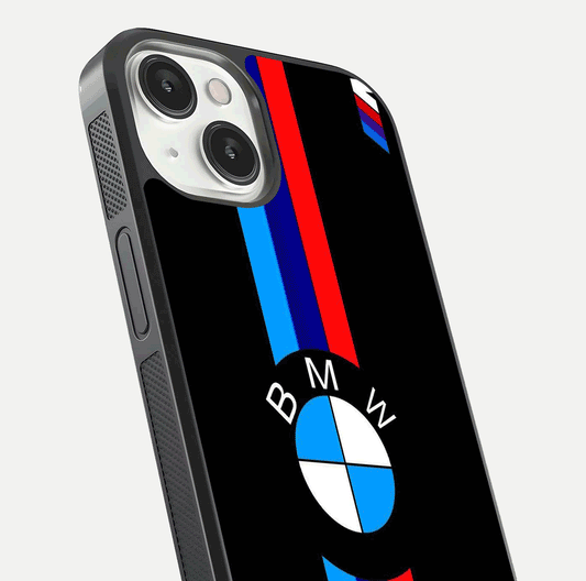 Turbo BMW Beast Glass Case for iPhone 13 Mini close-up angled shot highlighting car detailing and reflection