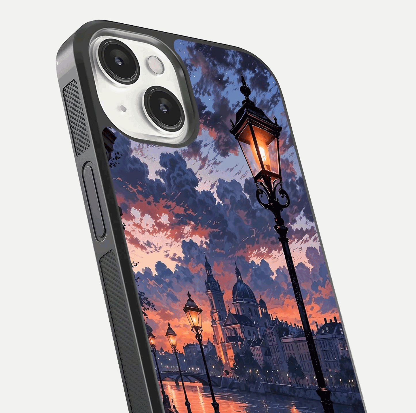 Twilight River Lights Glass Case for iPhone 13 Mini close-up angled shot highlighting river reflections and color tones