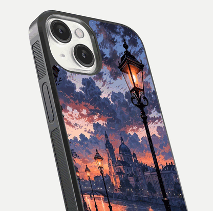 Twilight River Lights Glass Case for iPhone 13 Mini close-up angled shot highlighting river reflections and color tones