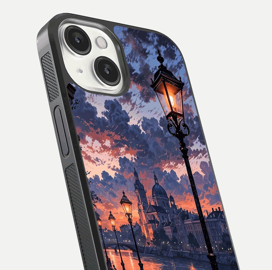 Twilight River Lights Glass Case for iPhone 13 Mini close-up angled shot highlighting river reflections and color tones