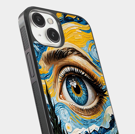 Van Gogh Eye Glass Case for iPhone 13 Mini close-up angled shot highlighting color blend and gloss reflection