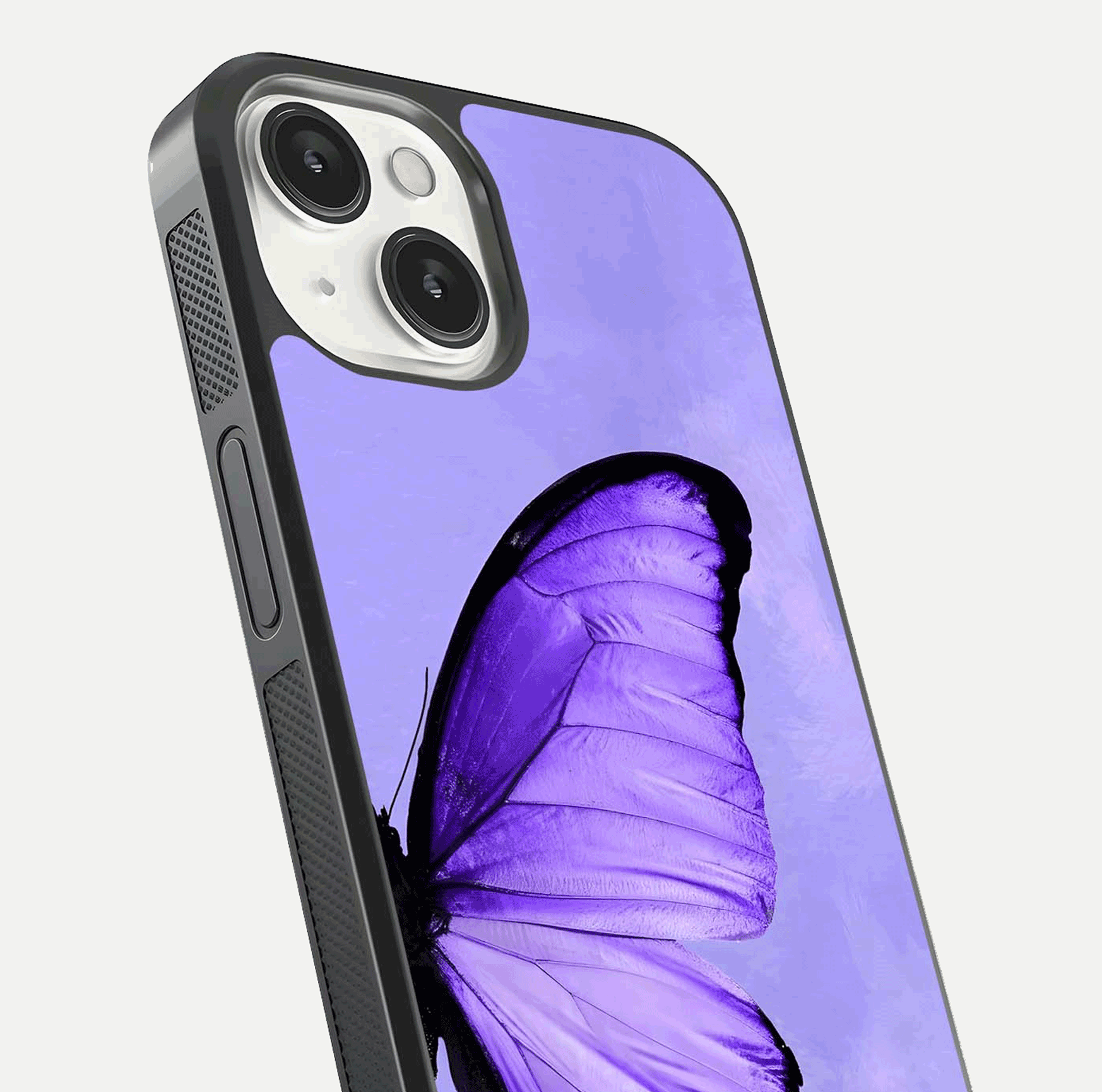 Violet Dream Wing Glass Case for iPhone 13 Mini close-up angled shot highlighting wing texture and reflection