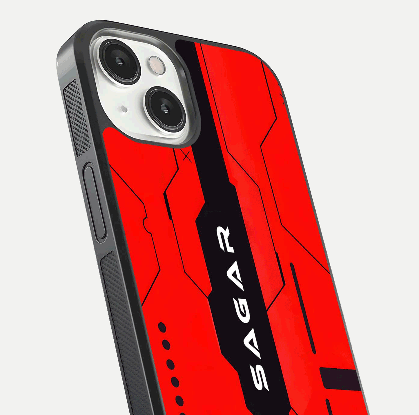 Voltage Rise CYBERPUNK Custom Name Glass Case for iPhone 13 Mini close-up angled shot highlighting neon glow and reflection