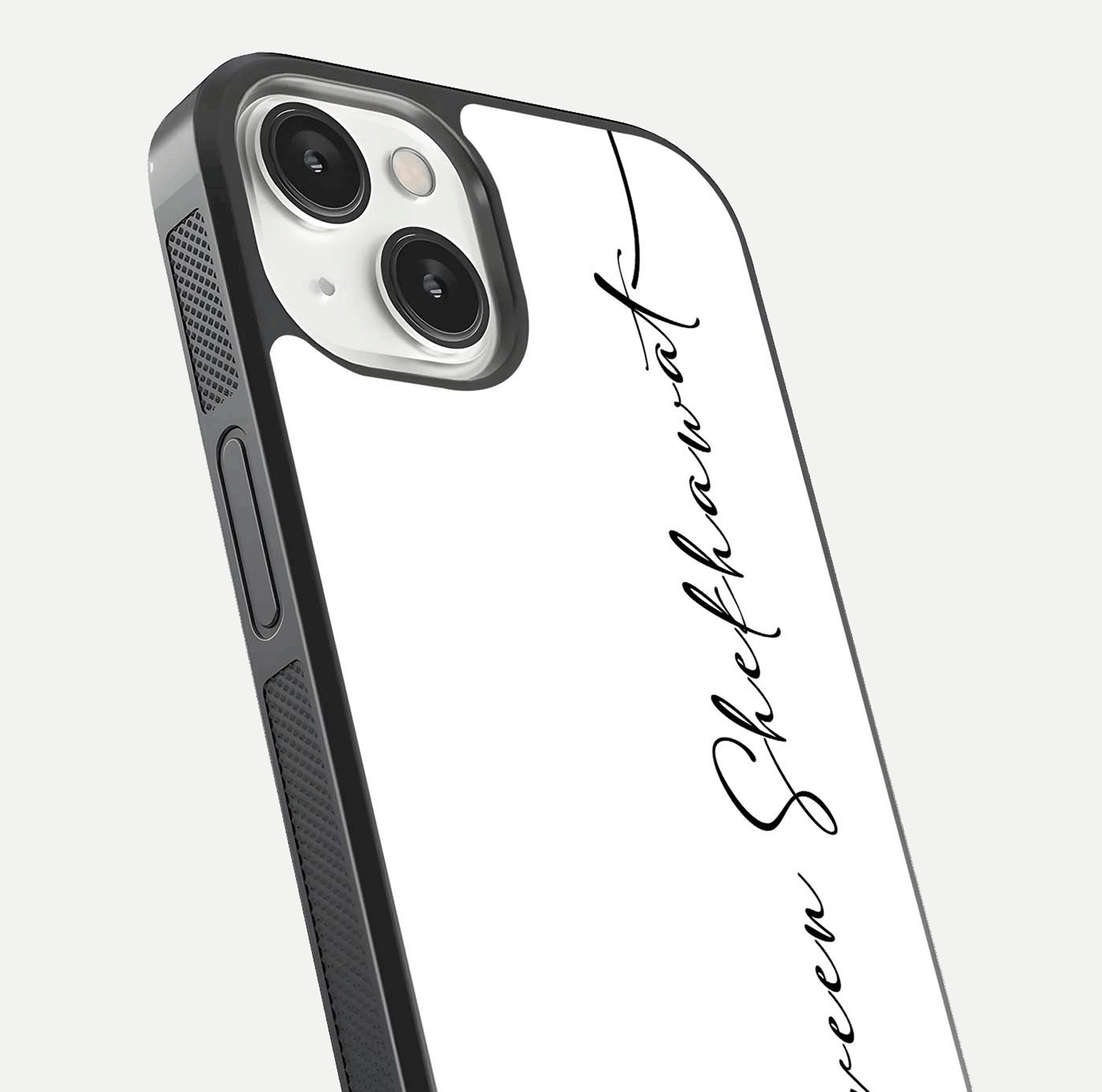 White Tune Custom Name Glass Case for iPhone 13 Mini close-up angled shot highlighting gloss reflection and texture