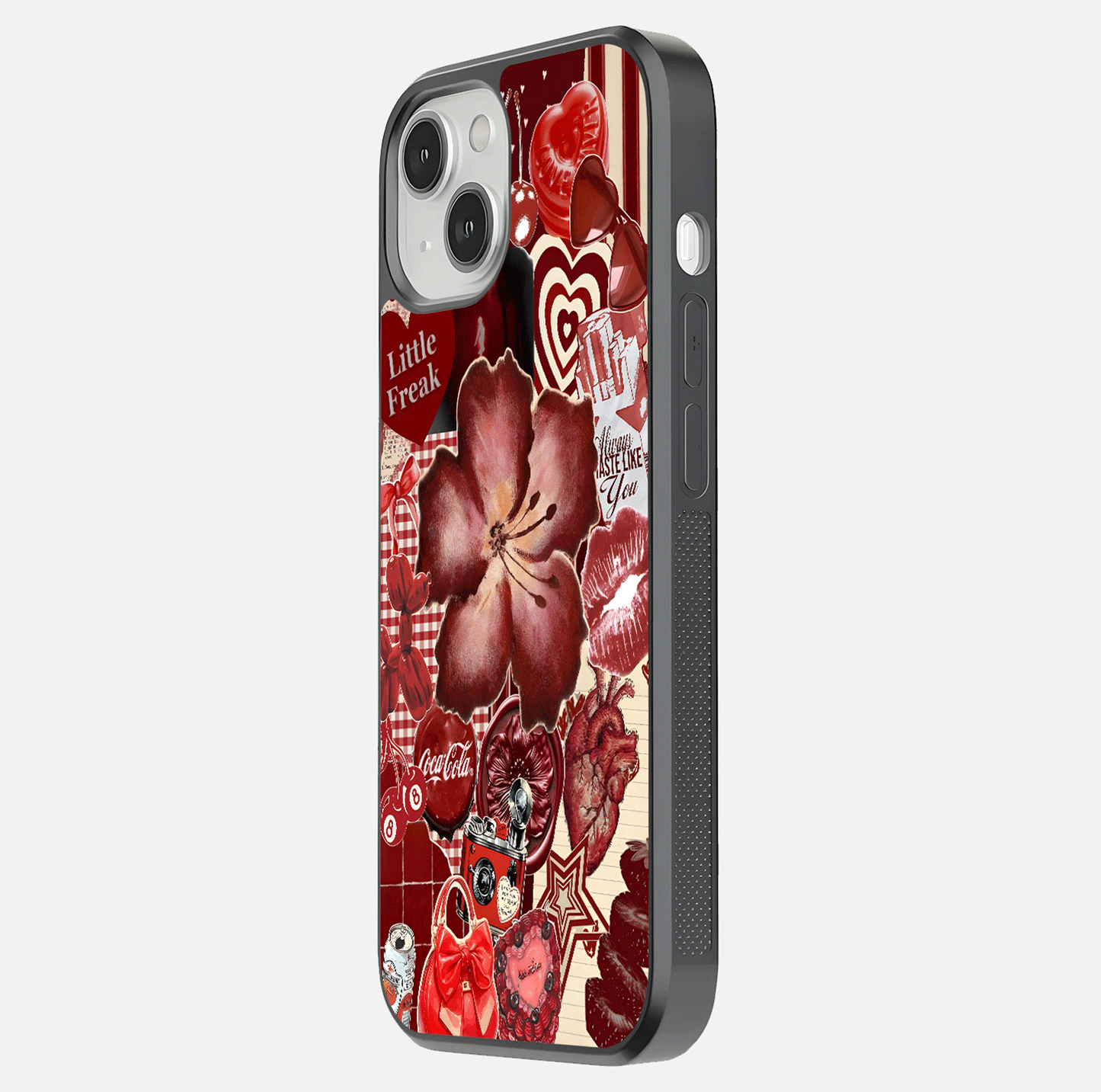 Aesthetic Little Freak Glass Case for iPhone 16 Pro side-angle image showing colorful design, camera module, and glossy finish reflection